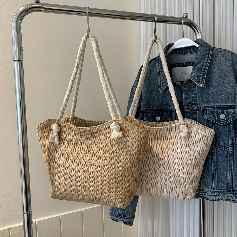 Плетеная сумка-тоут в стиле бохо-шик - Большая вместимость, легкая наплечная сумка с двойными веревочными ручками и декоративными узлами для пляжа