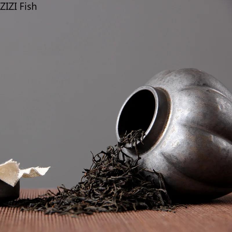 Retro Ceramic Tea Canister Sealed Storage Jars Coffee Table Desktop Glazed Rough Pottery Jar Travel Tea Can Candy Pots Tea Caddy