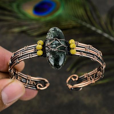 Натуральный драгоценный камень серафинит, браслет ручной работы из медной проволоки, браслет-манжета, регулируемый. L7n06