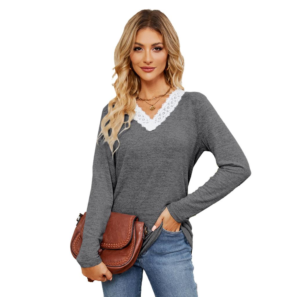 Новая однотонная кружевная футболка с V-образным вырезом в стиле пэчворк, свободная, с длинными рукавами