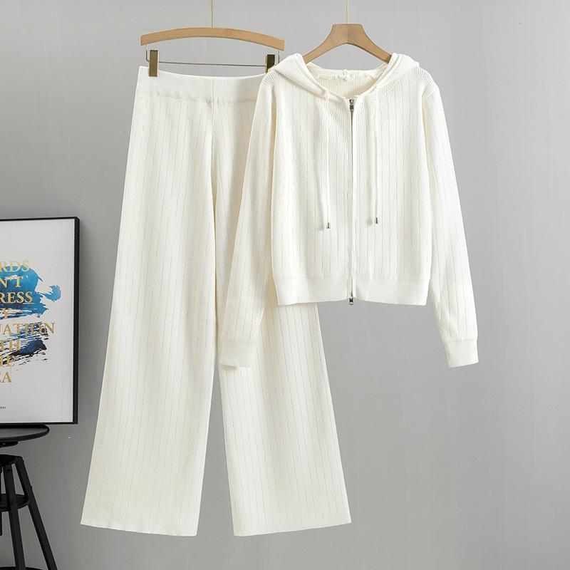 Women's Plus Size Wide Leg Pants Hooded Knit Cardigan Set Autumn Fashion Loose Casual Pant Suit