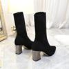 Fashion Aphixta Metal Color 7cm Square Heels Socks Boots Women Big Size 43 Stretch Fabric Elastic Pointed Toe Shoes Ankle Boot Woman