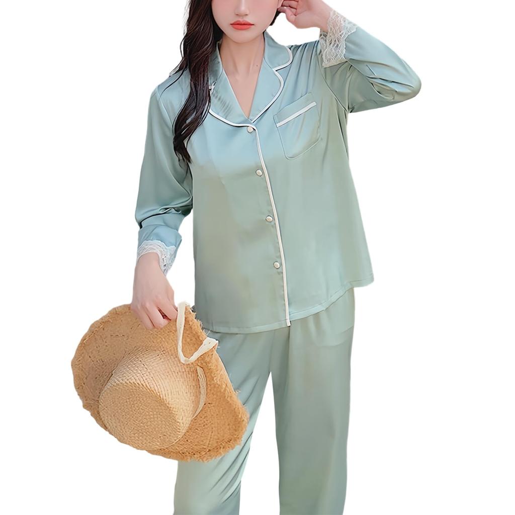 DayaEmmoTQ Кружево Шелк Длинный Корейский Лед Гладкий и Удобный для и Весна Женская Пижама, Домашняя одежда, Рукава, Стиль, Шелк, V-образный вырез, Ощущение,