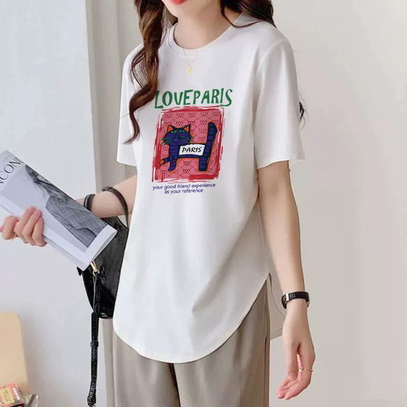 Round Neck Black Short-sleeved T-shirt for Women In Summer Mid-length Style Covering The Butt Curved Hem Loose Slimming Top