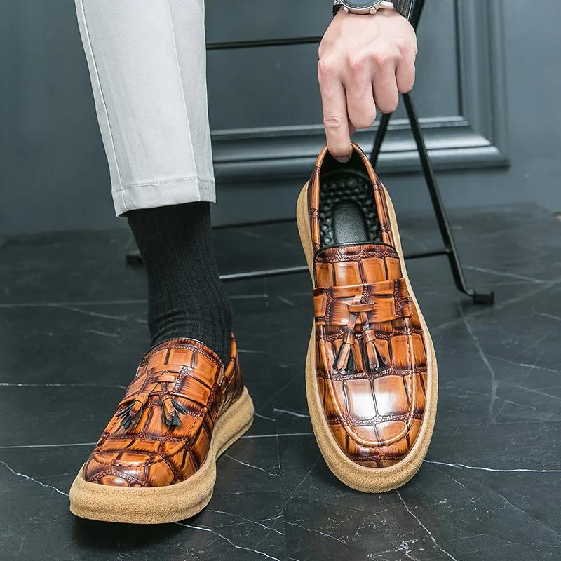 Модные британские классические кожаные повседневные туфли мужские удобные фирменные лоферы мужские туфли на платформе без застежек мужская обувь мокасины мужские