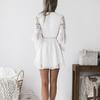 Women Mini Dress V Neck Long Flared Sleeve Crochet Hollow Out Chiffon Bandage Party Dress