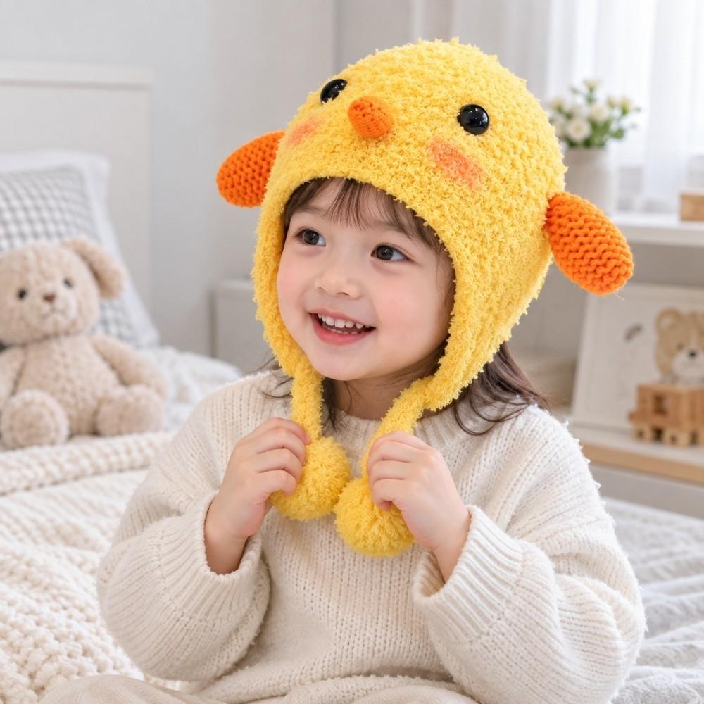 Windproof Cartoon Chicken Hat Pom-pom Detail Plush Knit Hat Soft Baby Beanie Hat Girls Boys