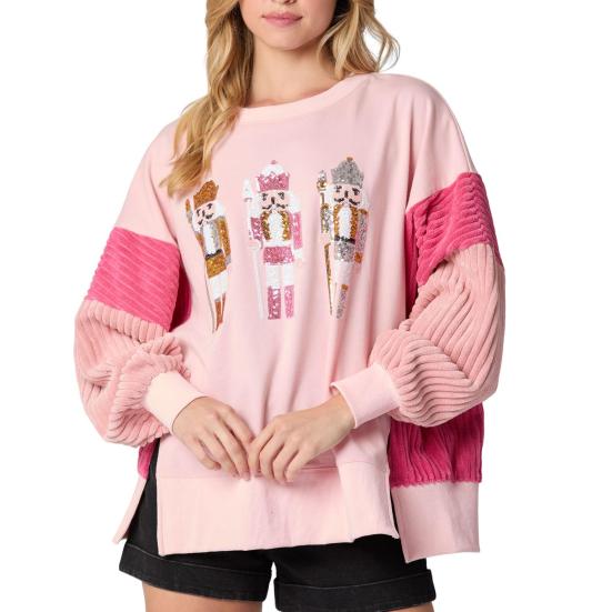 Women Christmas Sweatshirt Sequin Cartoon Pattern Slit Hem Colorblock Round Neck Long Sleeve Loose Mid Length Pullover Party Holiday Top