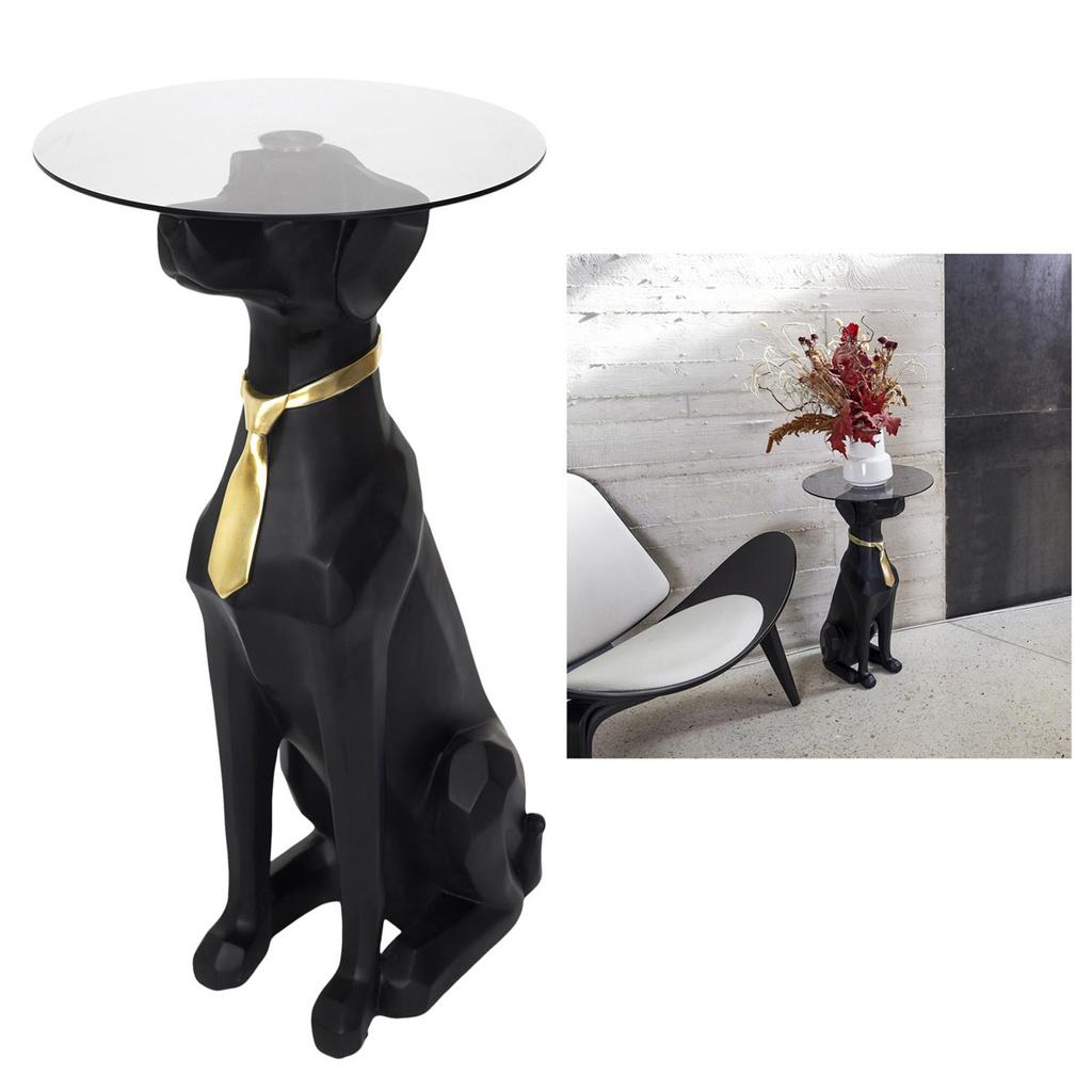 Les Trésors De Lily [A3678] - Resin Glass Pedestal Table 'Dog' Black Gold - 66x40 Cm