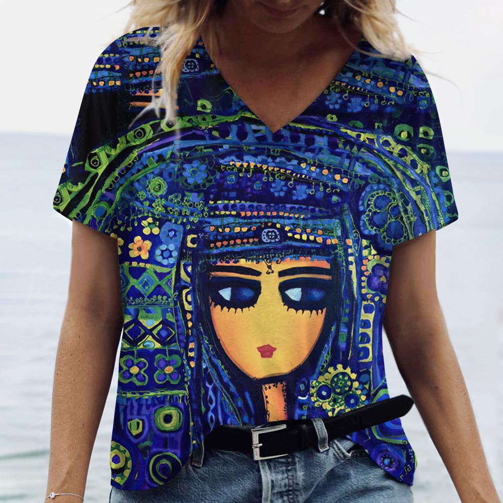 Summer Cartoon T-shirt Graphic Printing V-neck Short-sleeved Pullover Outdoor Casual Women's T-shirt