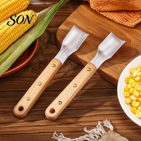 Kitchen Corn Stripper Stainless Steel Cob Peeler with Wooden Handle, Sawtooth Blade Kernels Remover Curved Portable Scraper, Stripping Tool for Gadget