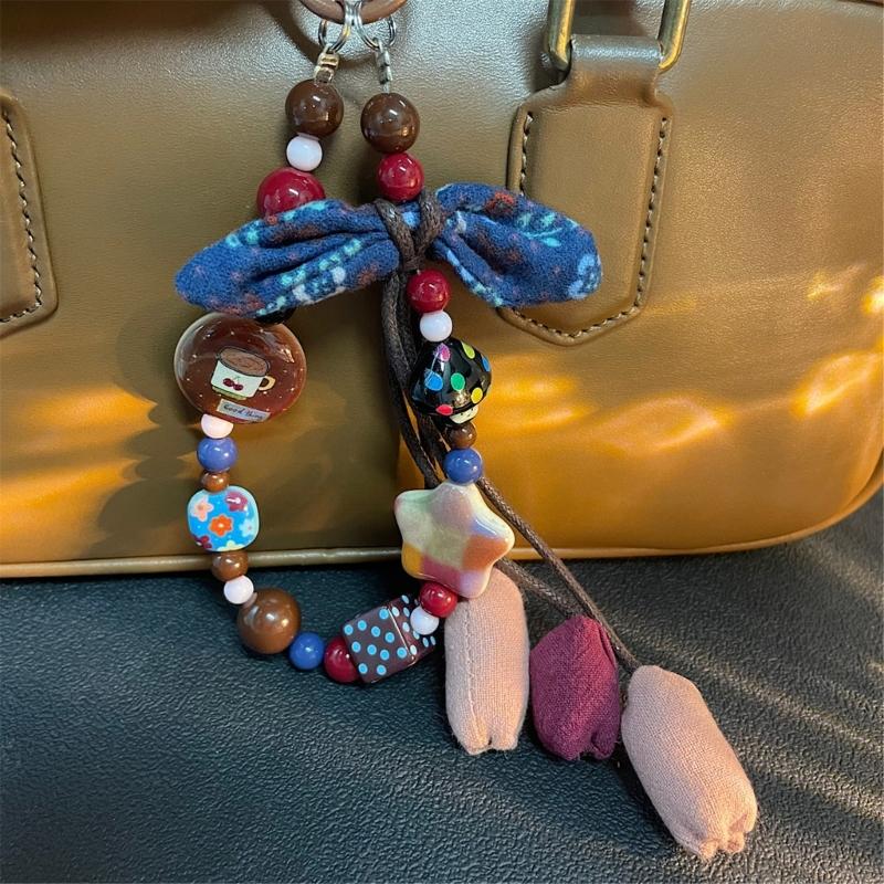 Stylish Hand Painted Ombres Star Fabric Flower Keychain Sturdy PVC Cord Unisex Keyring Bag Accessories