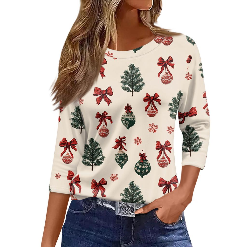 Женский топ с круглым вырезом и рукавом 3/4 с рождественским принтом
