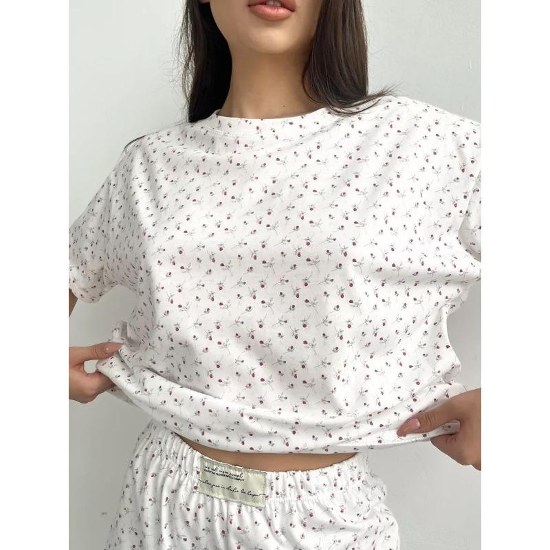 VEZFAA Женская мода повседневная летняя весенняя цветочная модель с принтом, короткие рукава, О-образный вырез, брюки, костюмы