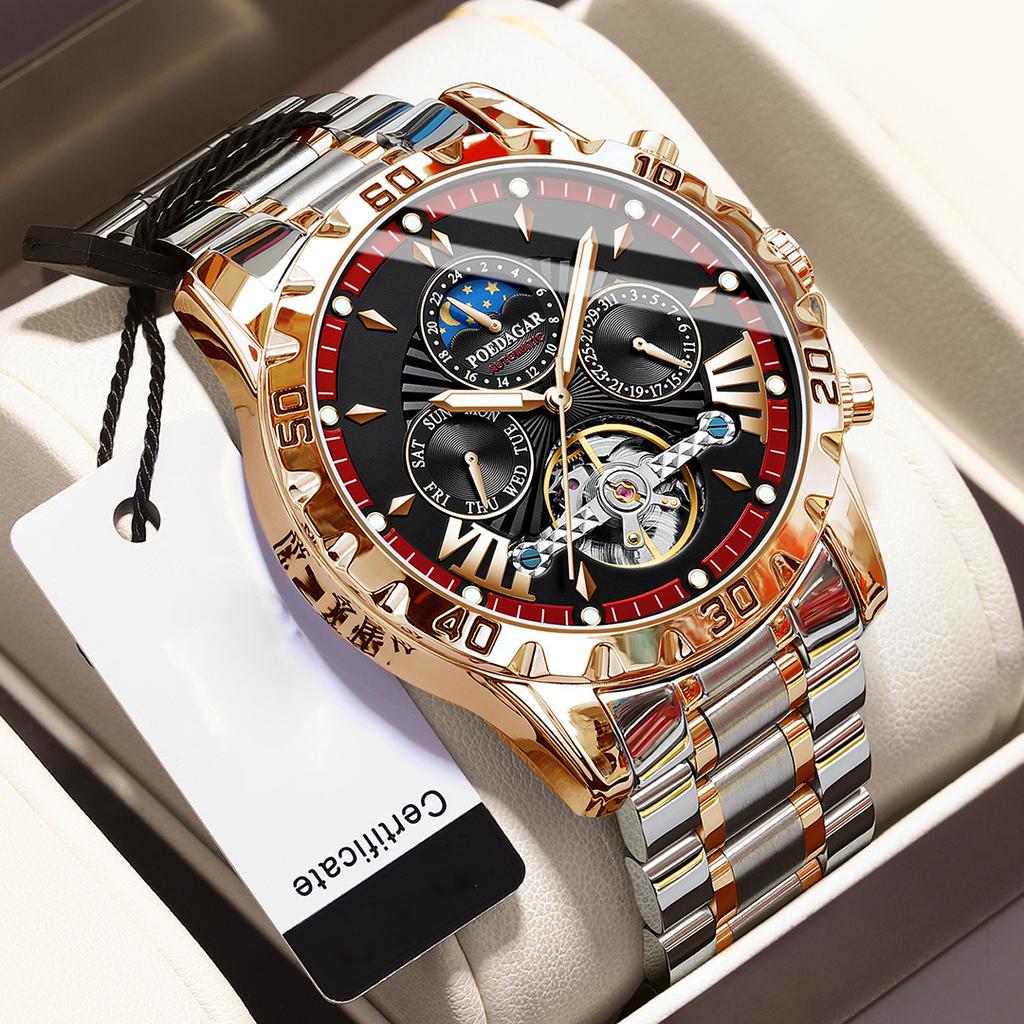 Dual Calendar Men's Fully Automatic Tourbillon Hollow Mechanical Watch Fashionable Waterproof Luminous Moon Phase Dial Men's Business Mechanical Watch