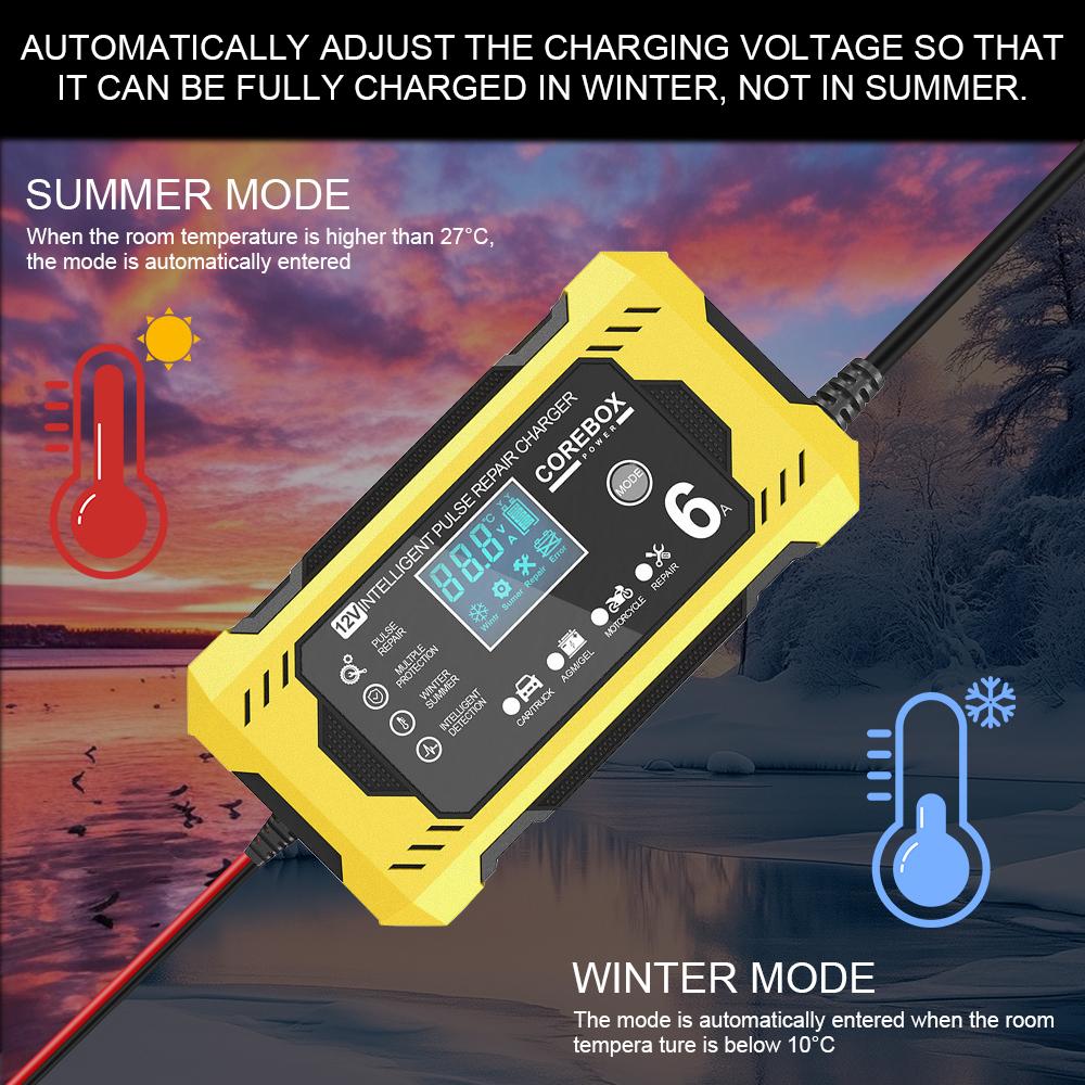 6A 12V Car Battery Chargers Intelligent Pulse Repair For Lead Acid AGM Gel Batteries Charging Household Storage Cell Uinversal