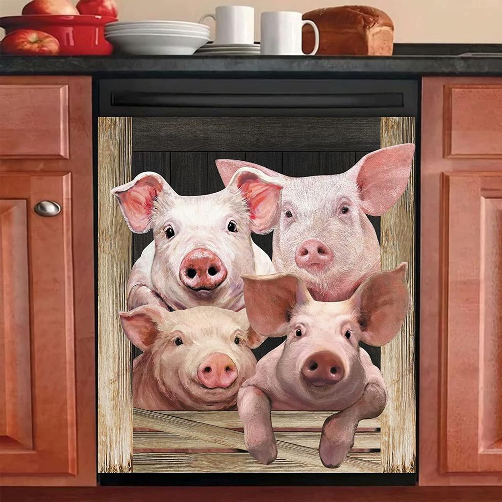 Funny Pig Dishwasher Sticker Kitchen Cabinet Panels,Farm Window Refrigerator Door Cover Sheet,Animal Fridge Manget,Home Appliances Decor Decals