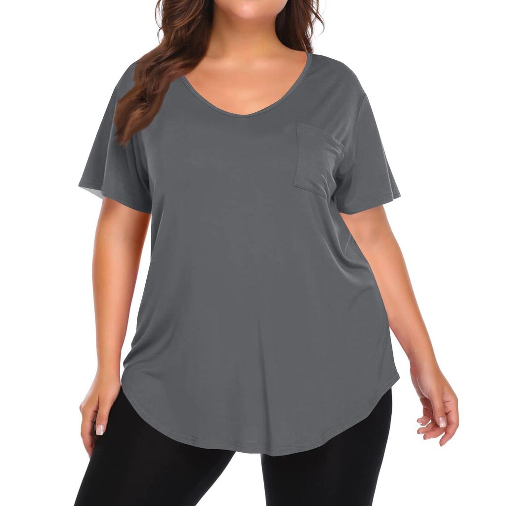 Women's Solid Color Large Size V-neck Top Loose Pocket T-shirt
