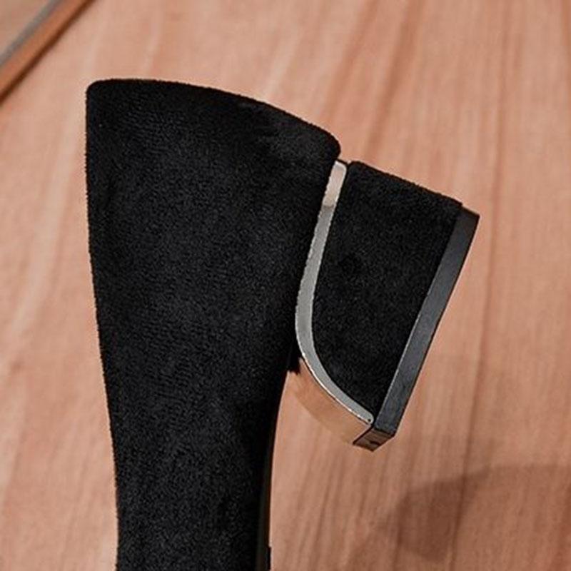 Rhinestone Suede Thick Heel Shoes Spring and Autumn Versatile Pointy Shallow Flat French Black Work Shoes