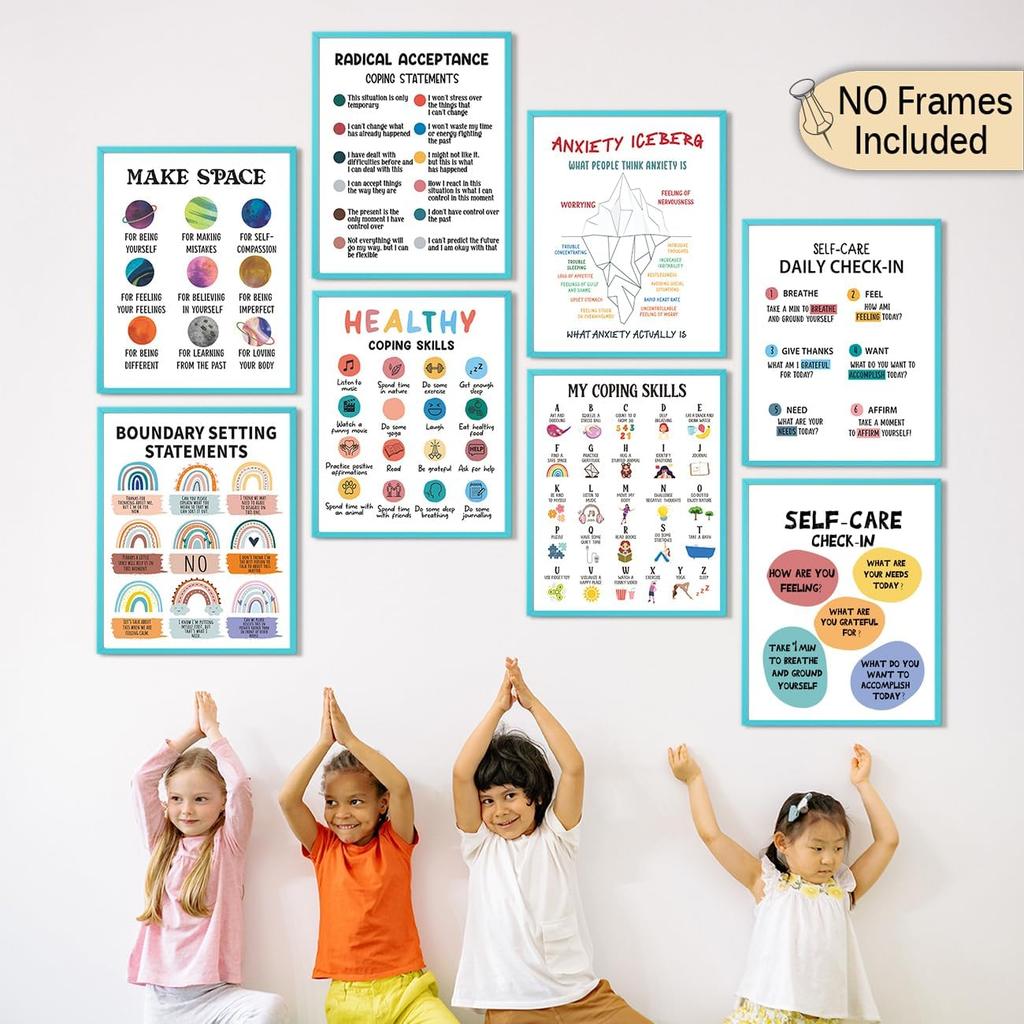 Calming Corner Classroom Posters 8x10 In, Feelings Wheel Chart & Emotions Poster For Kids, Mental Health Wall Decorations For Preschool Teachers,