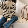 Autumn Winter New Women's Korean Version Loose Fashionable Polo Collar Striped Knitted Cardigan Warm Zipper Sweater Jacket