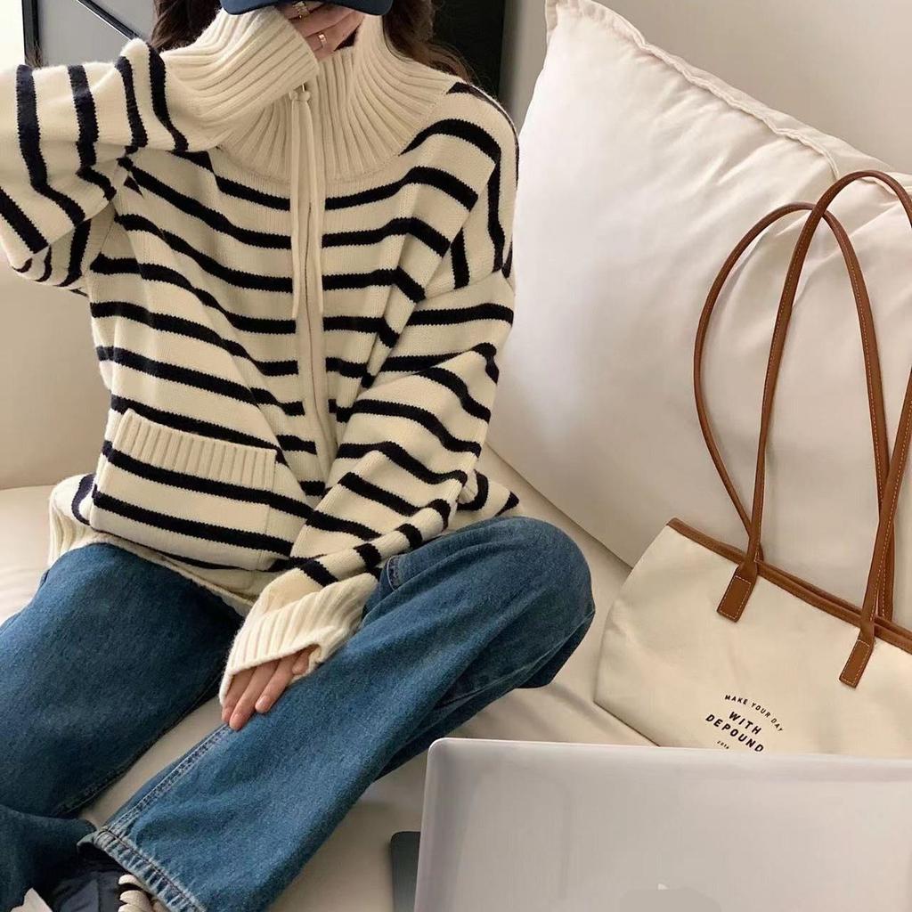 Autumn Winter New Women's Korean Version Loose Fashionable Polo Collar Striped Knitted Cardigan Warm Zipper Sweater Jacket