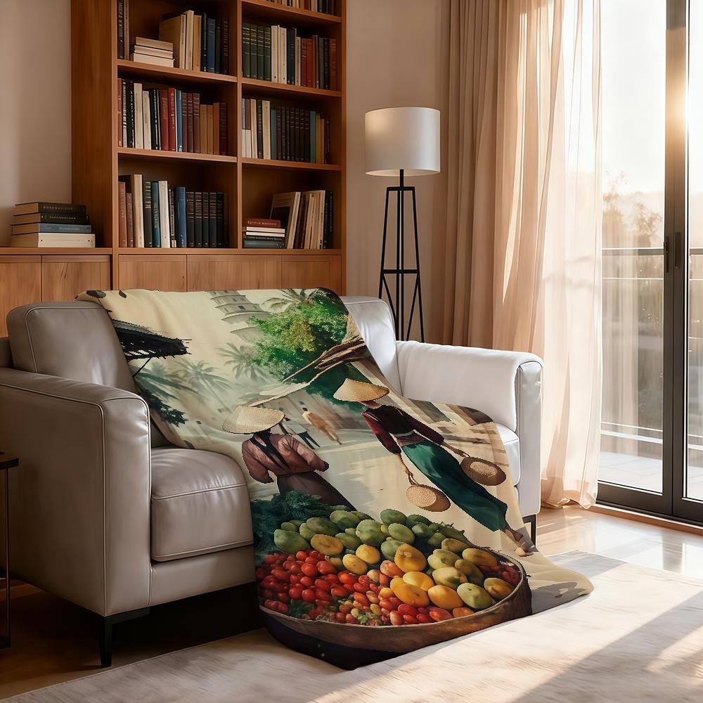 Vietnamese Village landscape illustration Blanket For Soft Throw Blanket for Picnic Bed Sofa Home Bedroom Cozy Warm Comfortable