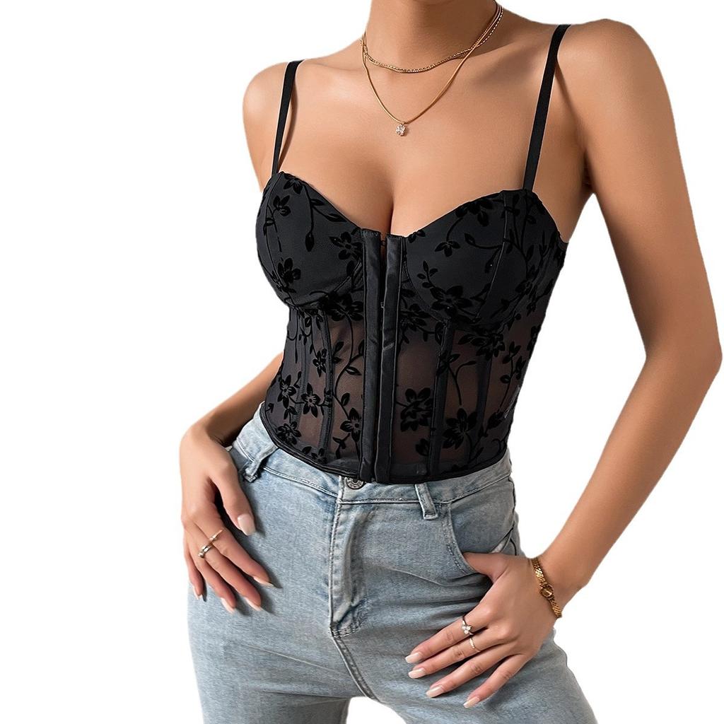 Women's Spice Girls Low-cut See-through Halter Splicing Mesh Fishbone Waistband Short Top