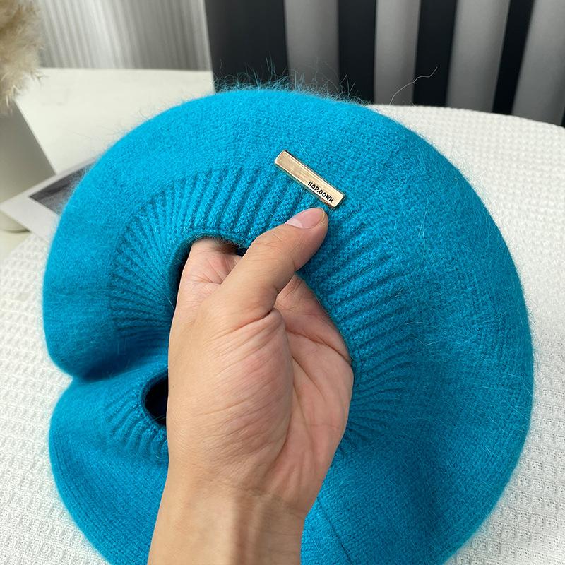 Rabbit Hair Beret Hat for Women Autumn Winter Korean Gray Painter Hats Retro Iron Logo Yarn Bud Caps