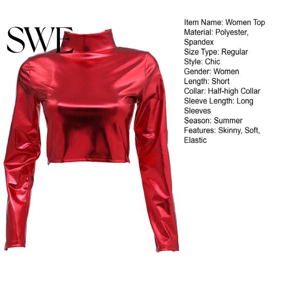 Stretchy Fabric Women Top Club Glossy Faux Leather Half-high Collar Solid Color Waist-exposed Long Slim Fit Sleeve Skinny Pullover Elastic Nightclub