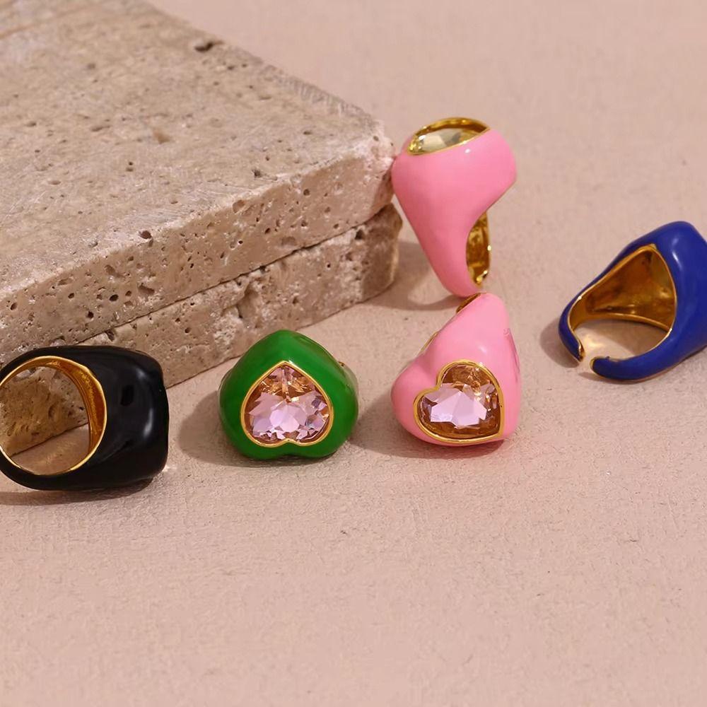 Korean Style Gemstone Heart Enamel Ring Stainless Steel Solid Color Ring  Men