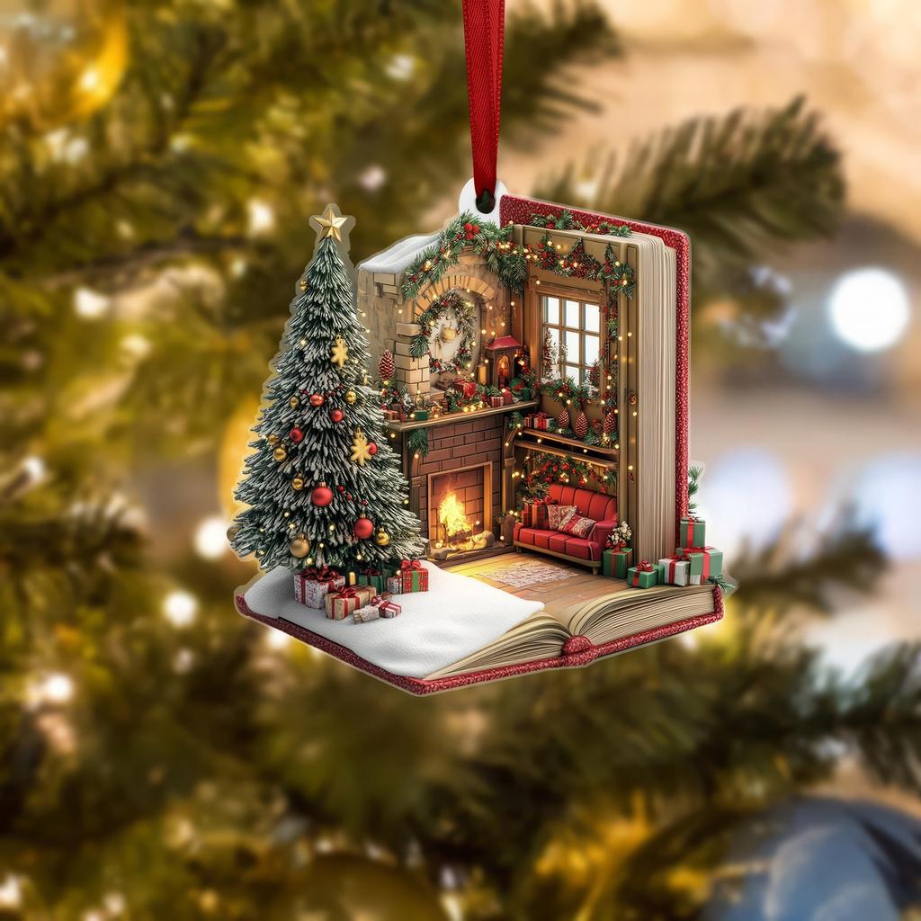 Рождественское 2D Плоское Украшение Форма Книги Дерево с Чашкой Кофе Звезда Праздничный Домашний Декор Уникальное Украшение в Литературном Стиле