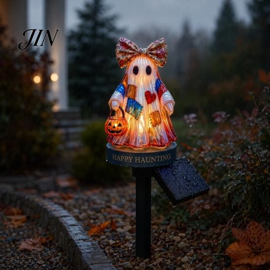 Terrace Garden Light Solar Ghost Stake Light, Halloween Pumpkin Lantern with Bow Indoor Window Decoration Decor, Waterproof Resin Outdoor Yard