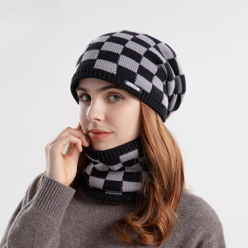 Winter Hat Scarf Set Fleece-lined Warm Earflaps Slipover Woolen Cap Women's Knitted Hat