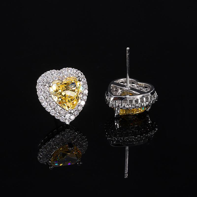 European and American Pink Yellow Ice Flower Cut Love Heart Shaped Earrings Red Corundum Inlaid with Main Stone