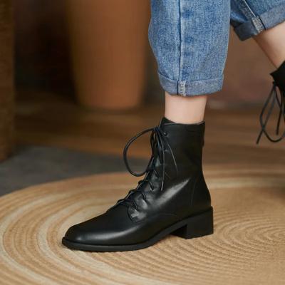 Модные осенние новые женские ботинки на толстом каблуке с низким носком, модные ботинки со шнуровкой, винтажные короткие ботинки из коровьей кожи, весенние и осенние одинарные ботинки