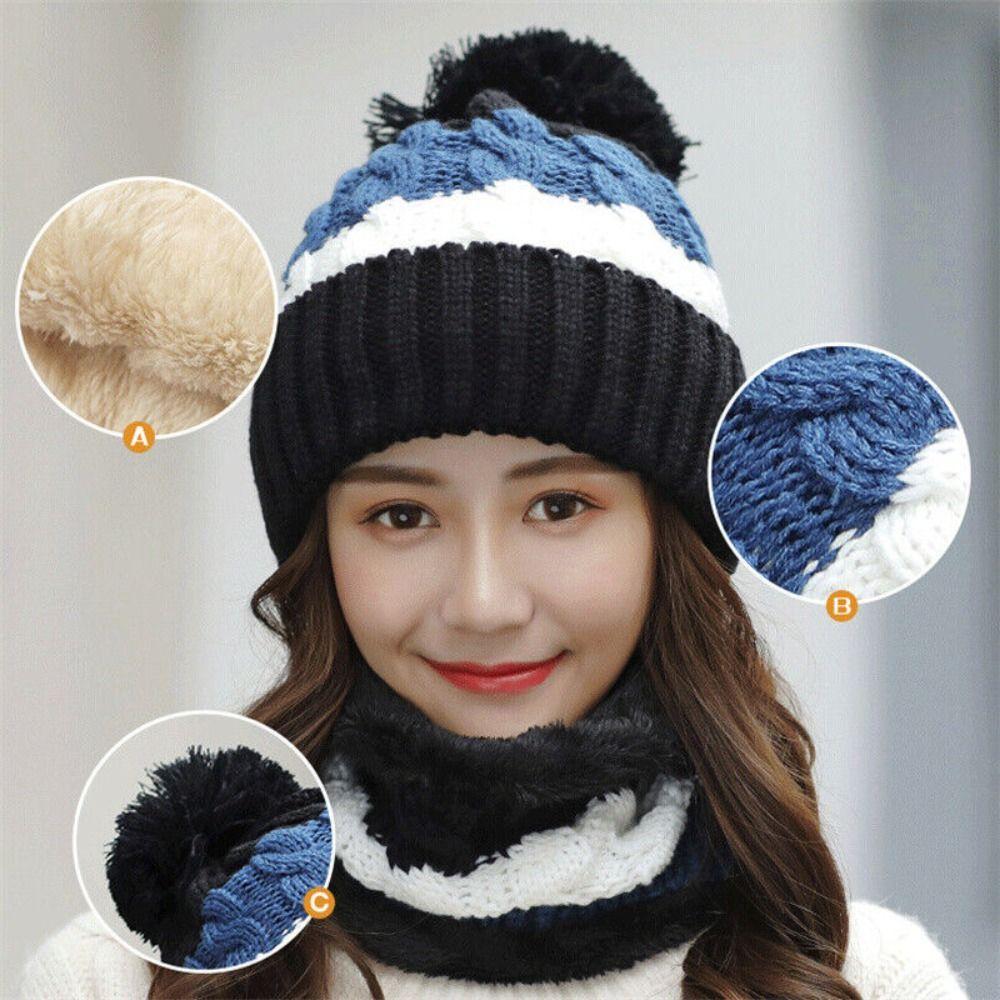 2PCS/Set Warm Scarf Set Neck Protection Beanies Hat Winter Knitted Hat Women