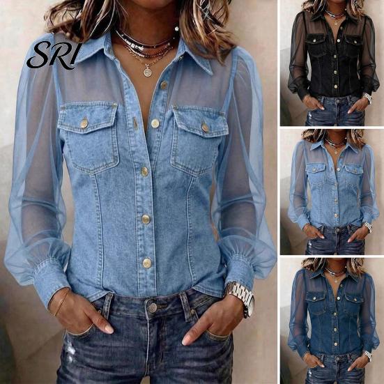 Cold Shoulder Tops Women Shirt Perspective Mesh Patchwork Long Sleeve Casual Country Concert Outfit Denim Lapel Buttons Placket Clothing