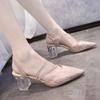 Модные блестящие туфли на высоком каблуке, женские элегантные туфли на квадратном каблуке с кристаллами, свадебные туфли, женские блестящие босоножки с острым носком и прозрачным каблуком, размеры 32-42