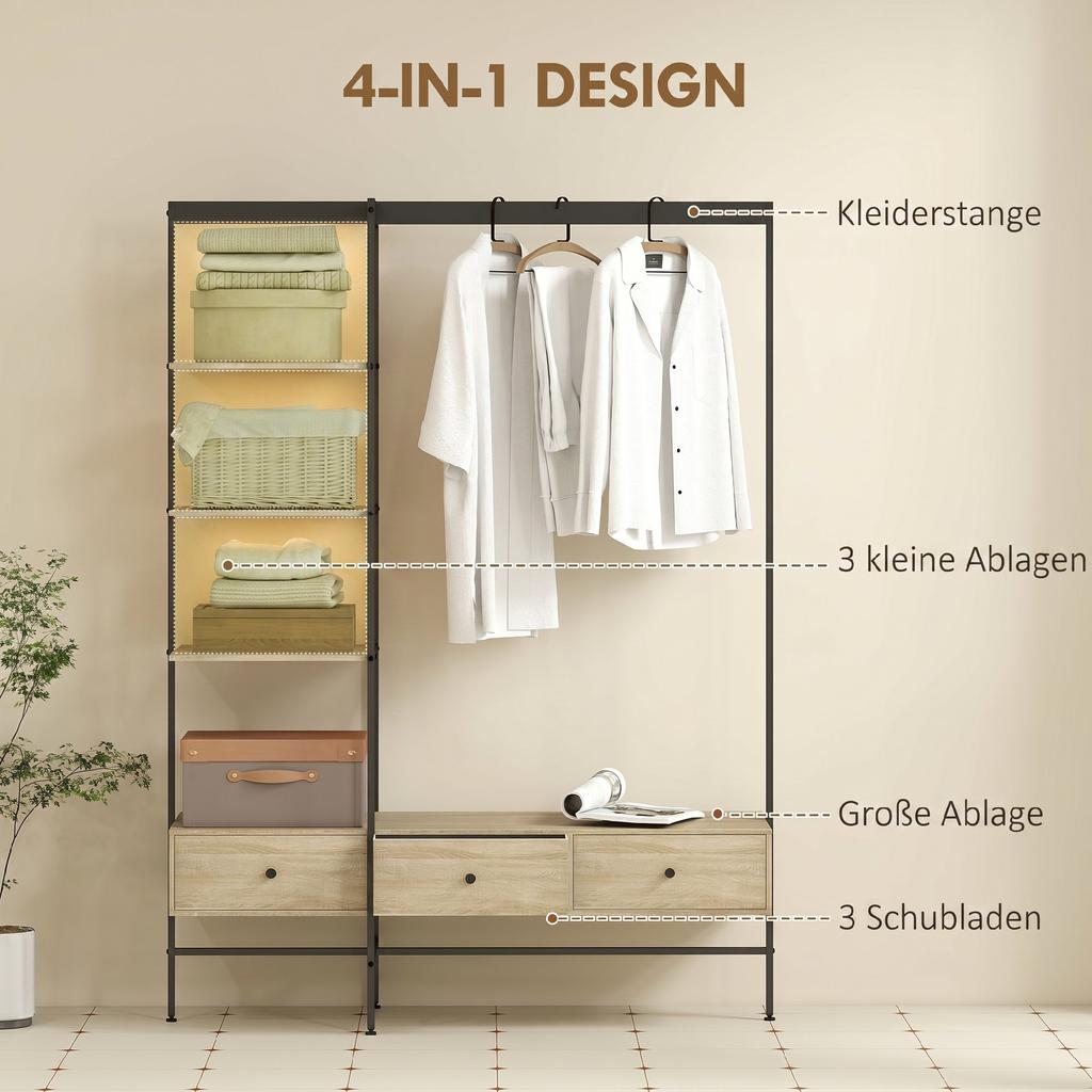 Wardrobe Stand With Shelves Drawers And Clothes Rail 180 Cm Freestanding Wardrobe Stand In Modern Style Metal Frame Oak