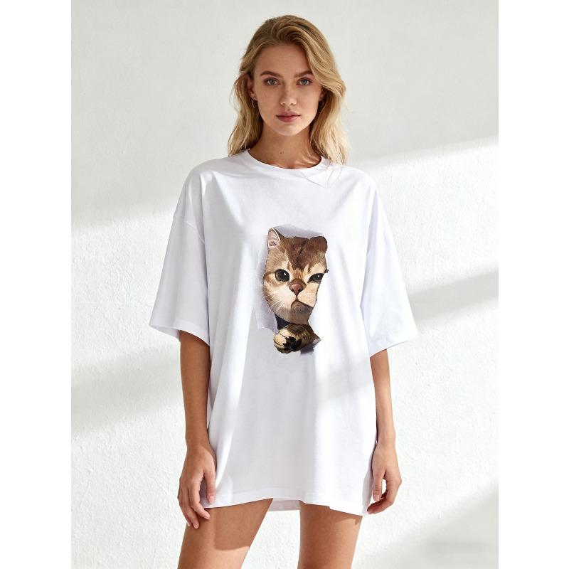 Oversized T Shirt Black Cat Face Print And Paw Design Casual Wear For Women