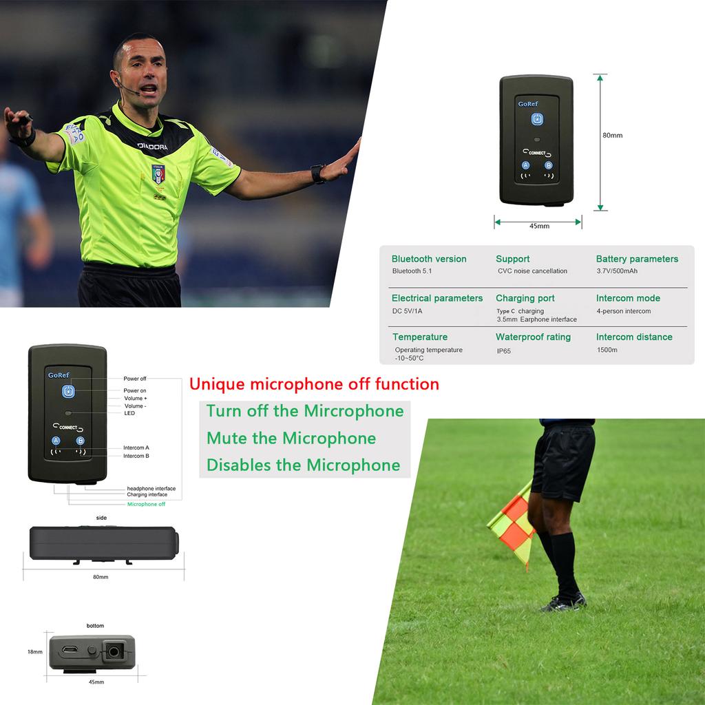 GOREF Футбольный рефери Интерком-гарнитура 1200M Полнодуплексный Bluetooth 5,1 Мотоциклетный домофон Беспроводной коммуникатор, такой же, как FBIM
