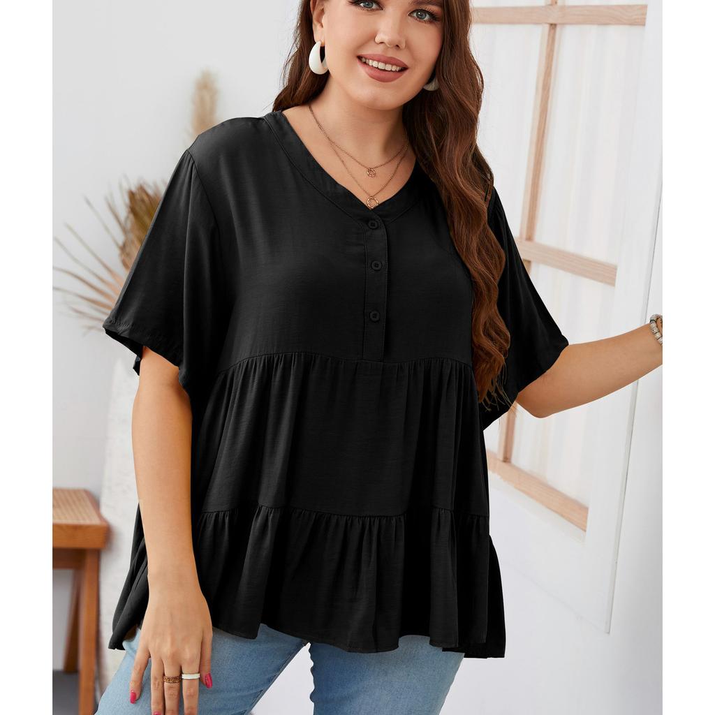 Женская рубашка с круглым вырезом и рюшами, свободная повседневная летняя футболка с коротким рукавом и баской, легкая дышащая удобная модная рубашка для поездок на работу плюс