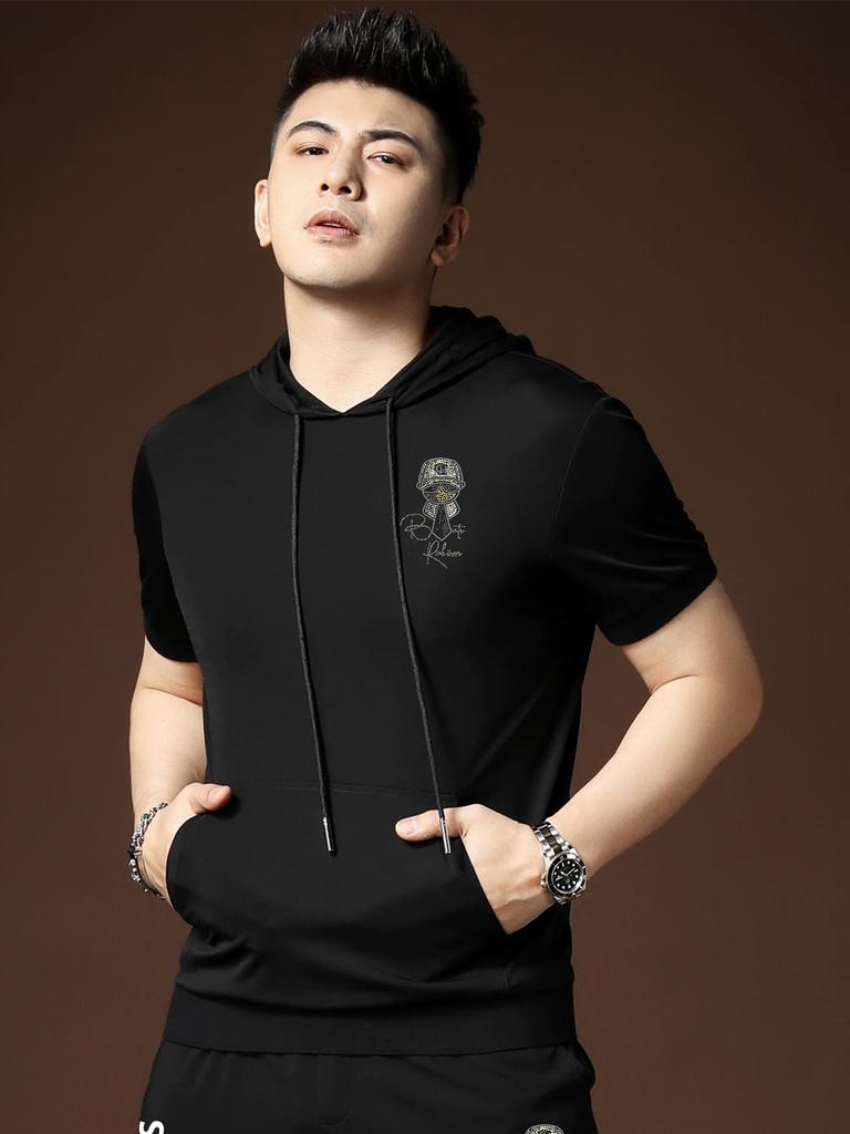 Ozhouzhan Men's Blazer Hood Short sleeve T-shirt Summer New Little Buddha Hot Drilling Half Sleeve Hoodie T-shirt