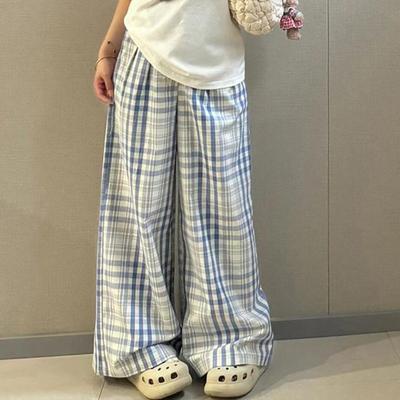 Синие клетчатые повседневные брюки для женщин на весну и лето, свободные и универсальные широкие прямые брюки в пол
