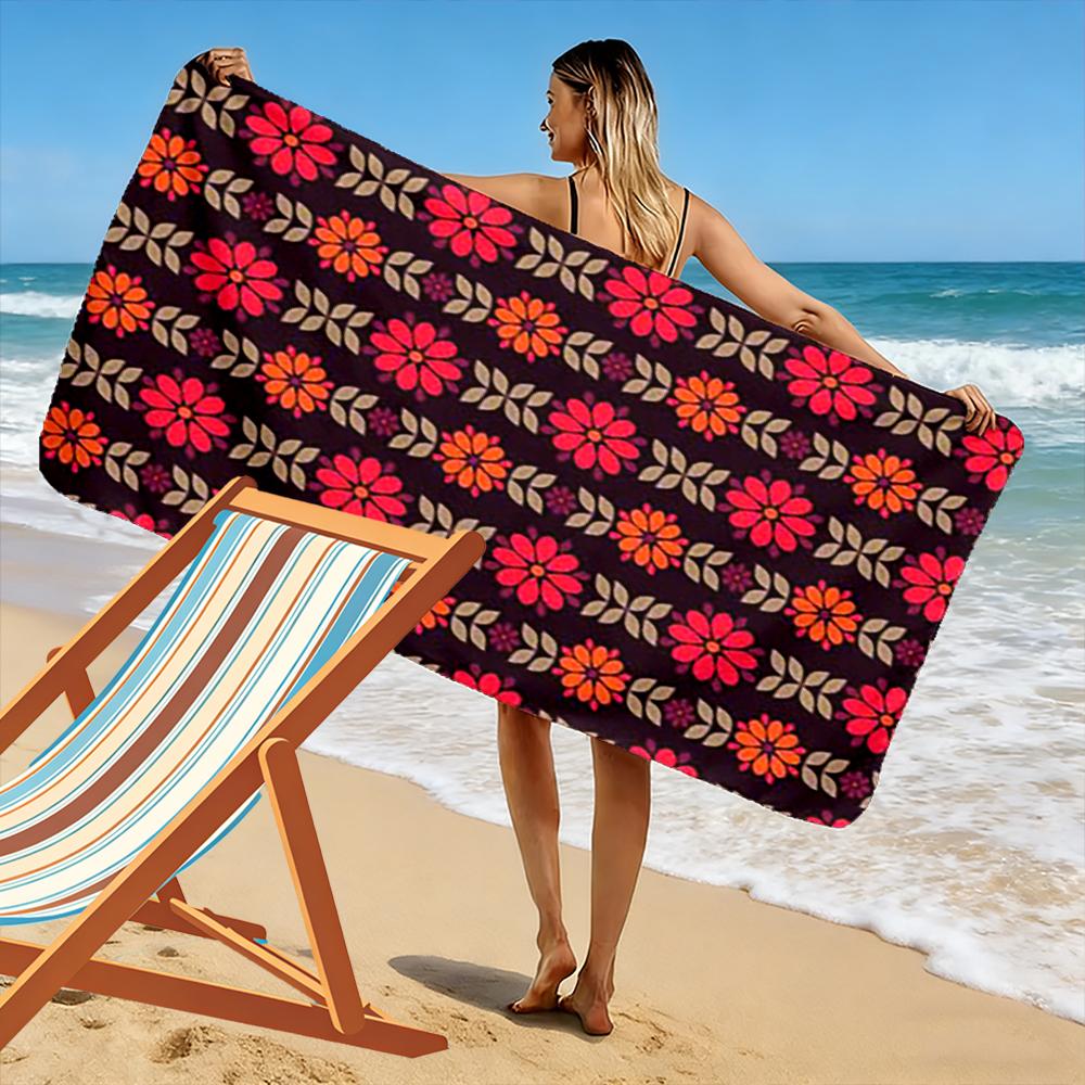 Floral Pattern Design with Red and Orange Blooms Beach towel quick-drying for travel outdoor sports jogging beach and swimming