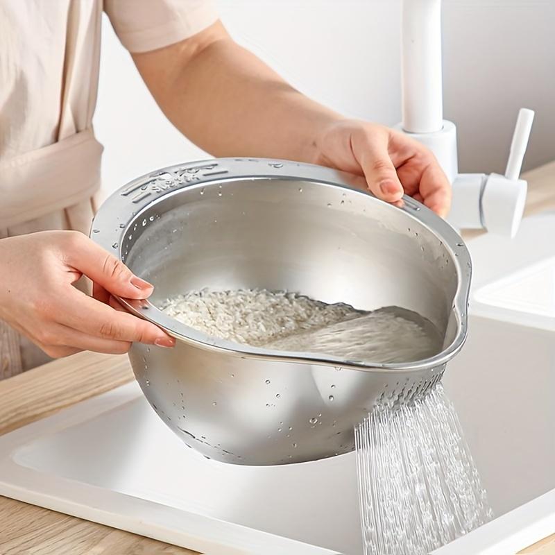 Stainless Steel Rice Washing Colander - Multi-Use Kitchen Tool with Fine Mesh for Washing Rice, Draining Fruits & Vegetables