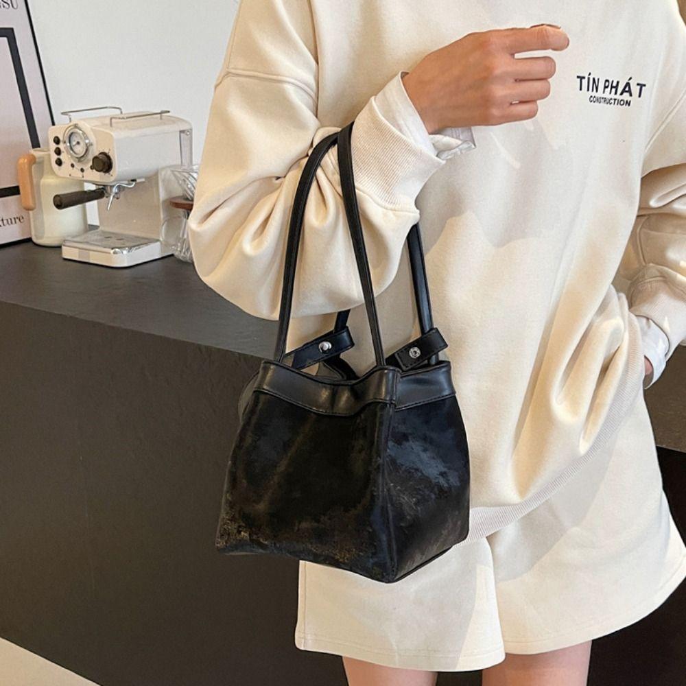 Large Capacity Vegetable Basket Bag Pure Color Shoulder Bag PU Leather Bucket Bag  Lady/Girls