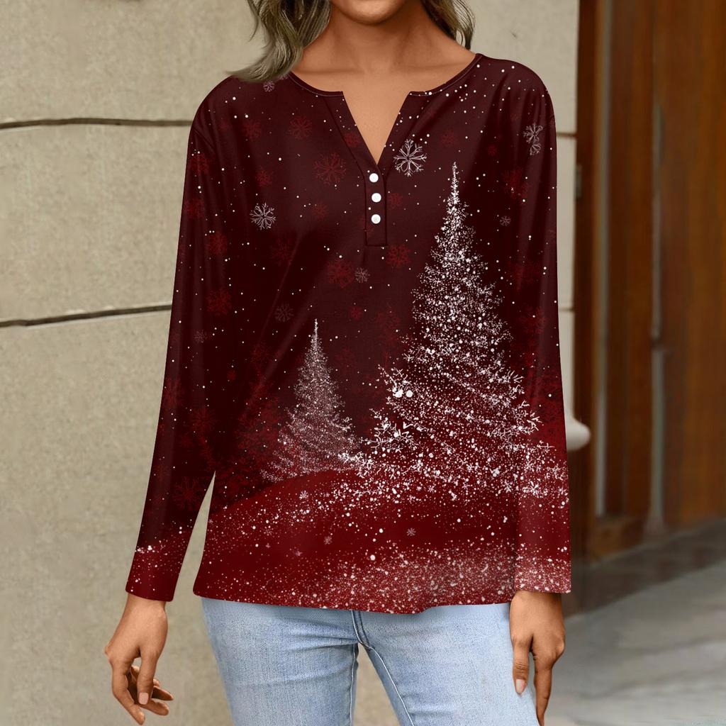 Women's Fashion Casual H Printed V-Neck Long Sleeve Decorative Button T-Shirt Tops