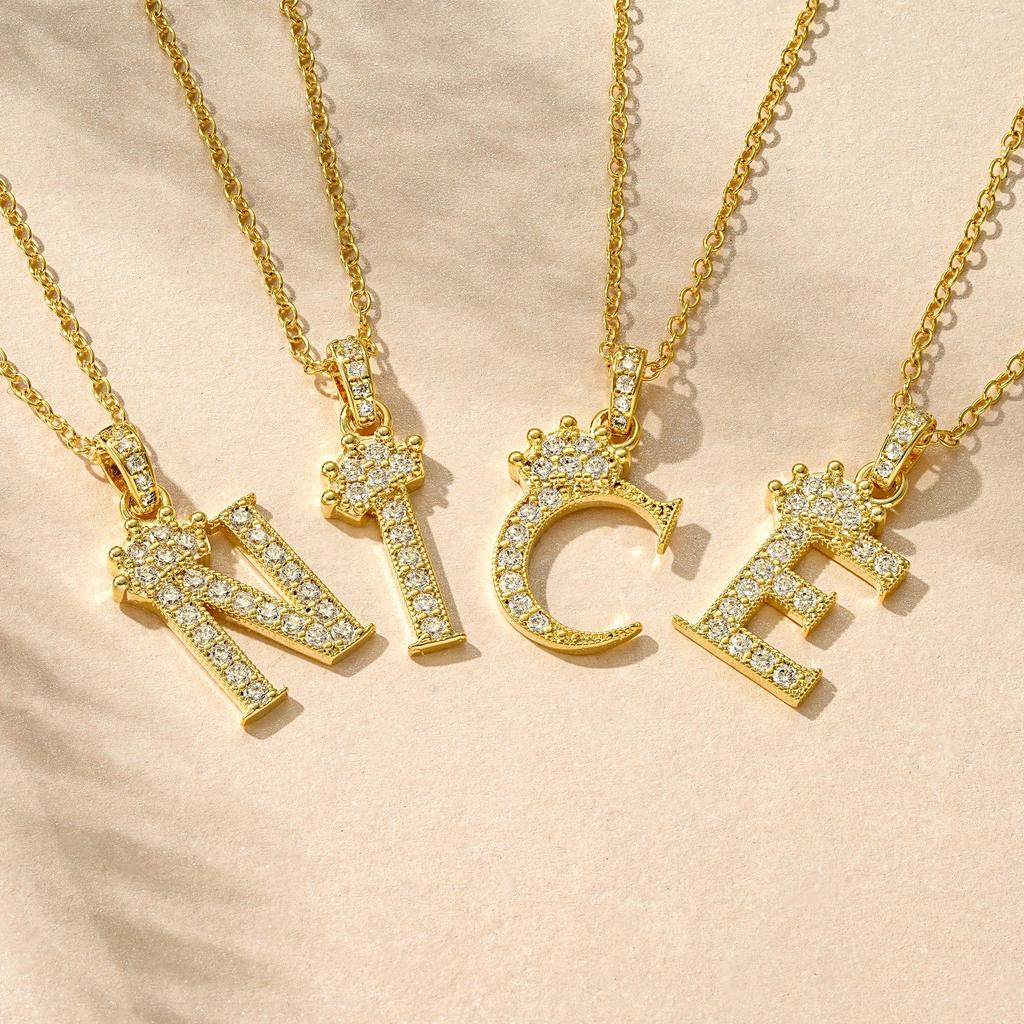 Gold-Plated Zircon Crown Letter Pendant Necklace - Women's Versatile Choker